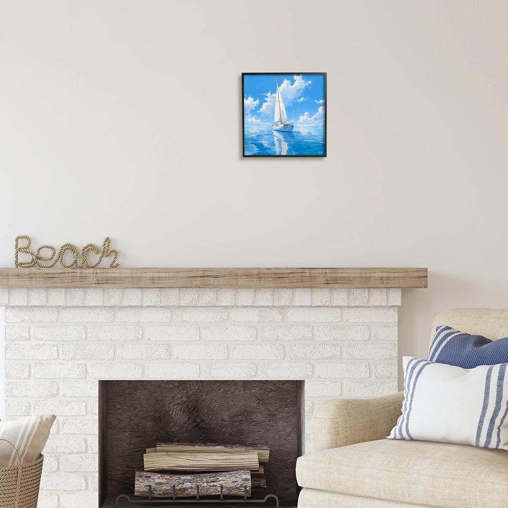 Vivid Blue Sailboat Reflection Transportation Painting Black Framed Art Print Wall Art O56148