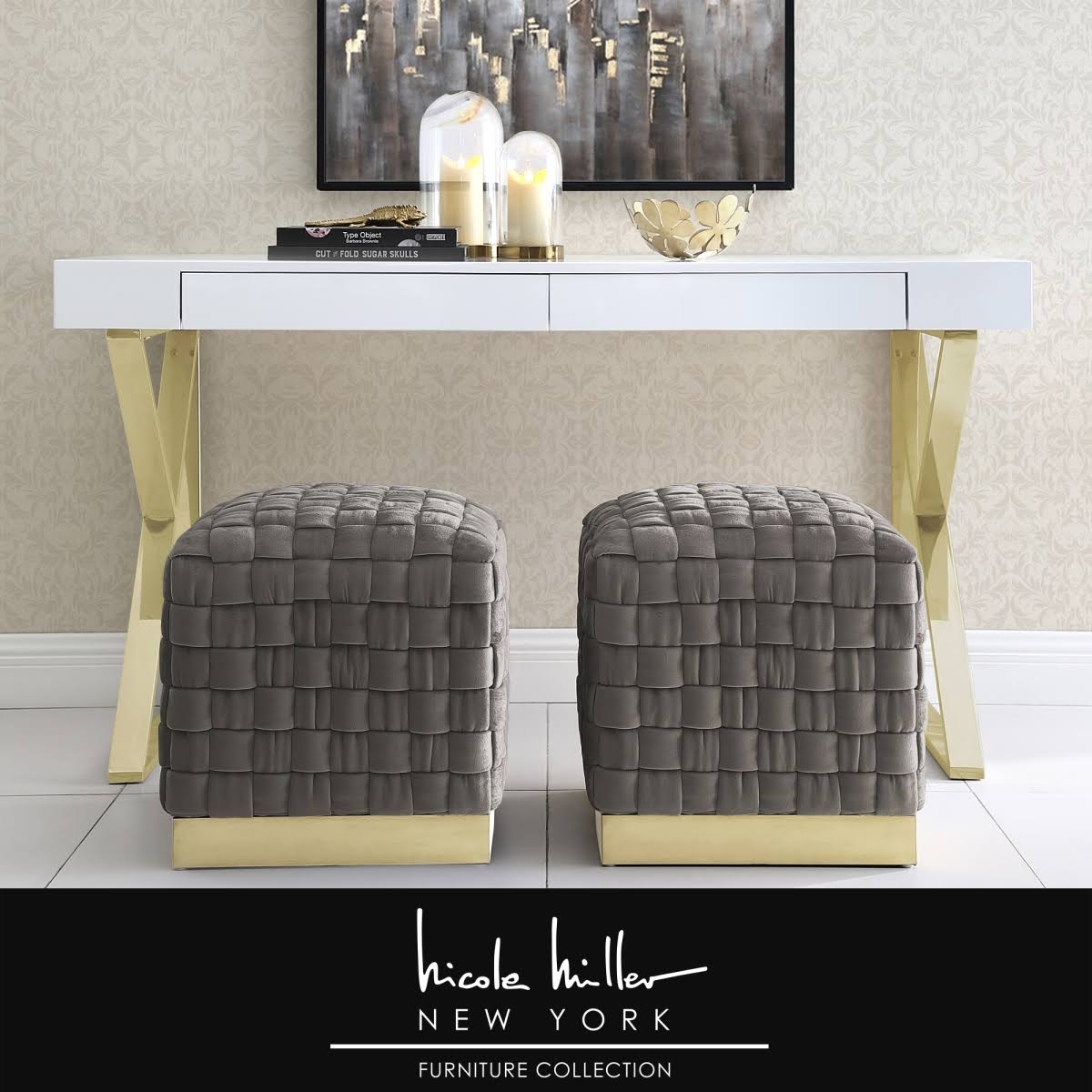 Taupe/Gold Velvet Cube Ottoman with Metal Base E676