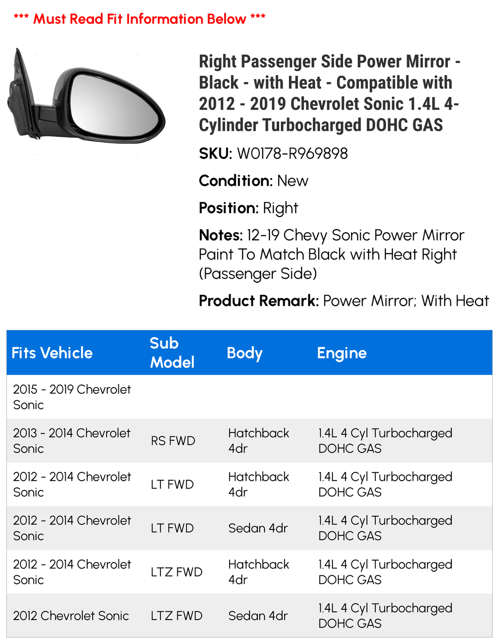 Right Passenger Side Power Mirror with Heat S416106
