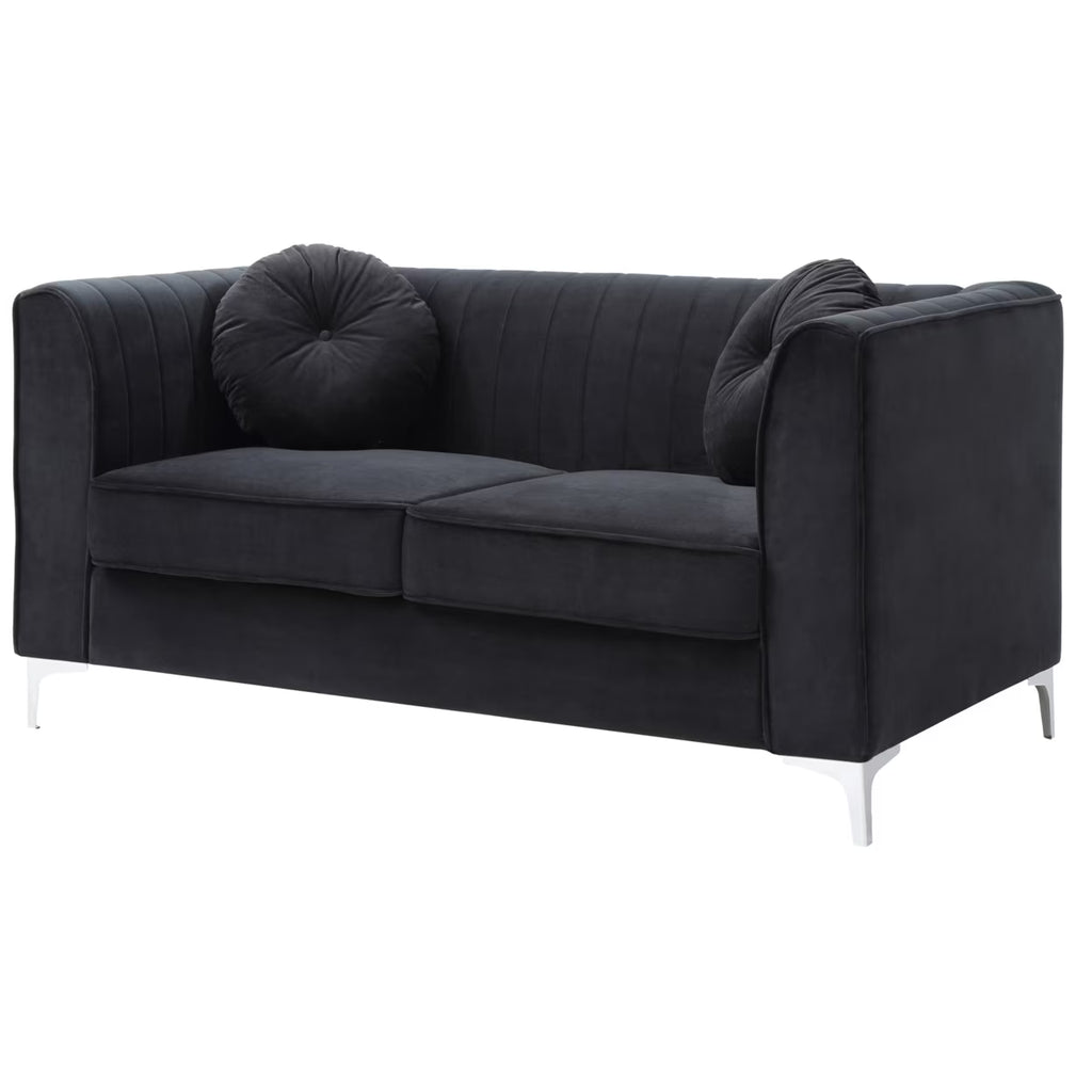 Black Tuxedo Arm Velvet Loveseat with 2-Throw Pillow O83468