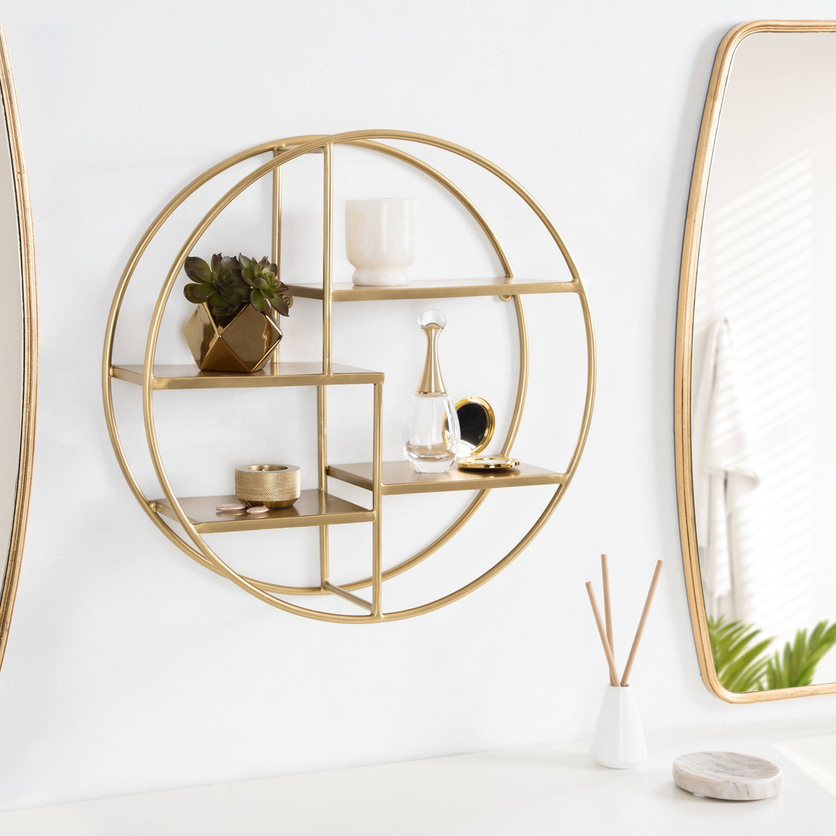 Gold Round Wood Wall Shelf Y3926