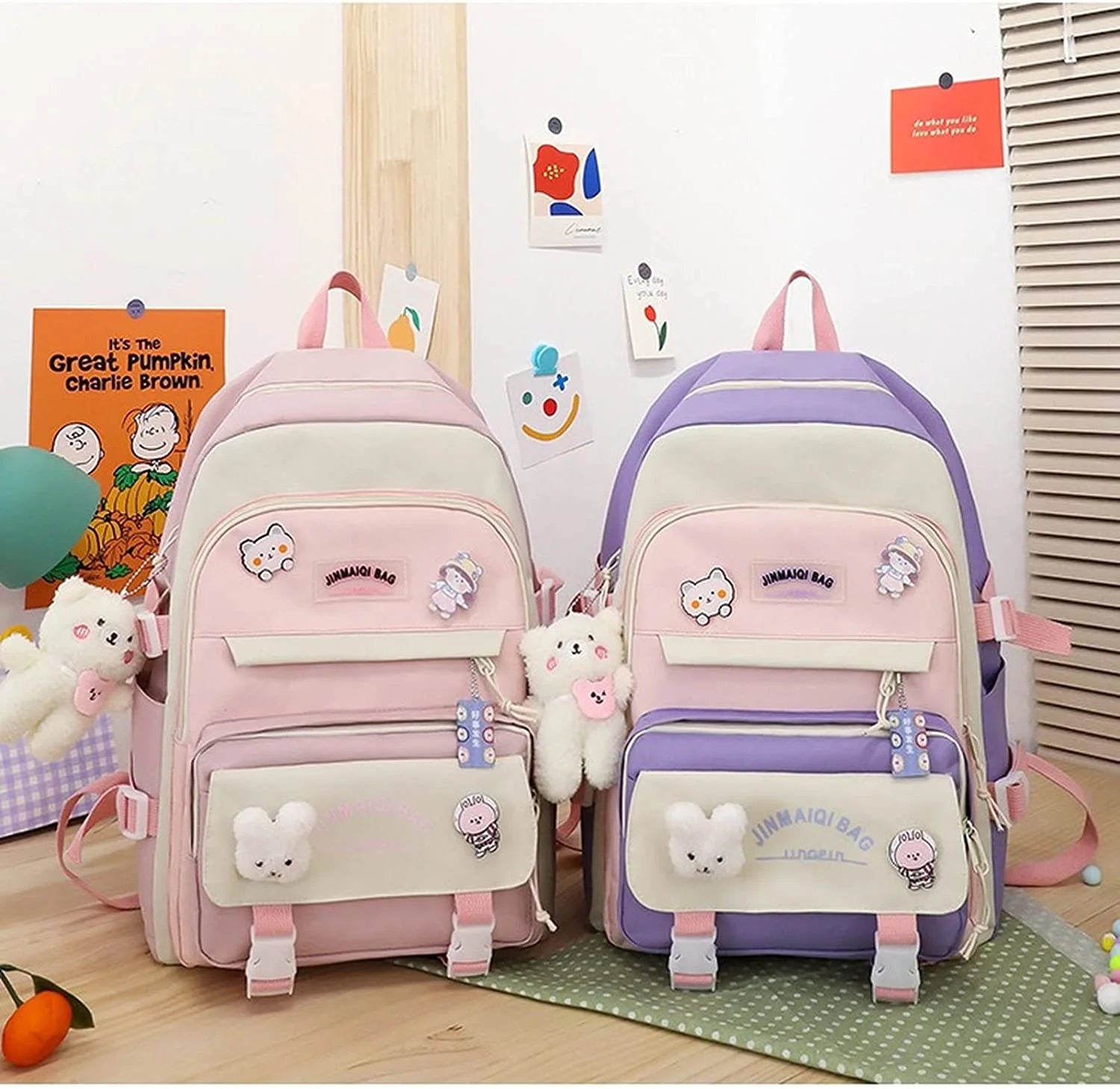 5Pcs Backpacks Combo Set with Bear Pendant & Pins Z4271