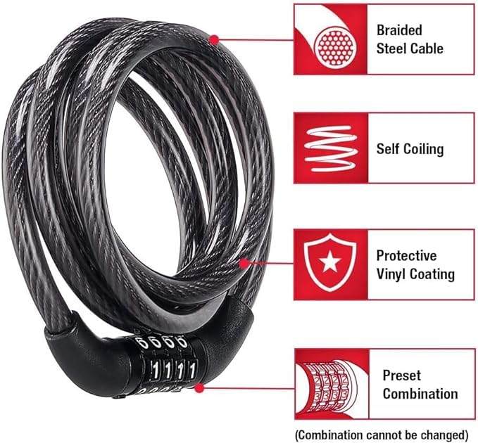 5 Foot Coiled Resettable Combination Bicycle Cable Lock Y816