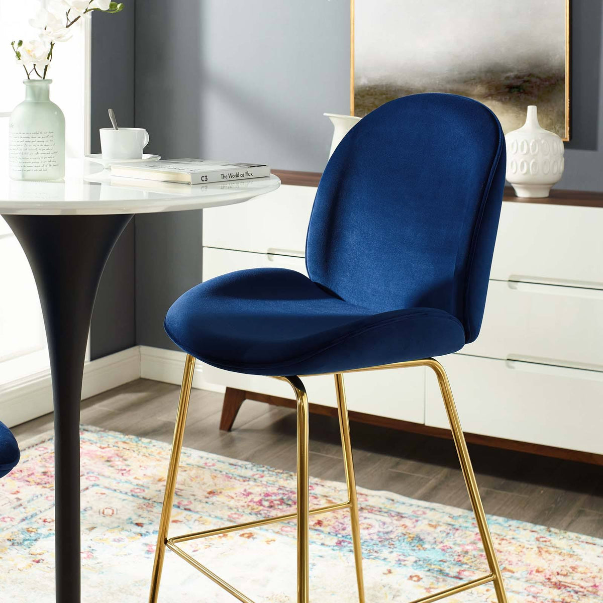 Navy Velvet Bar Stool with Stainless Steel Leg T537