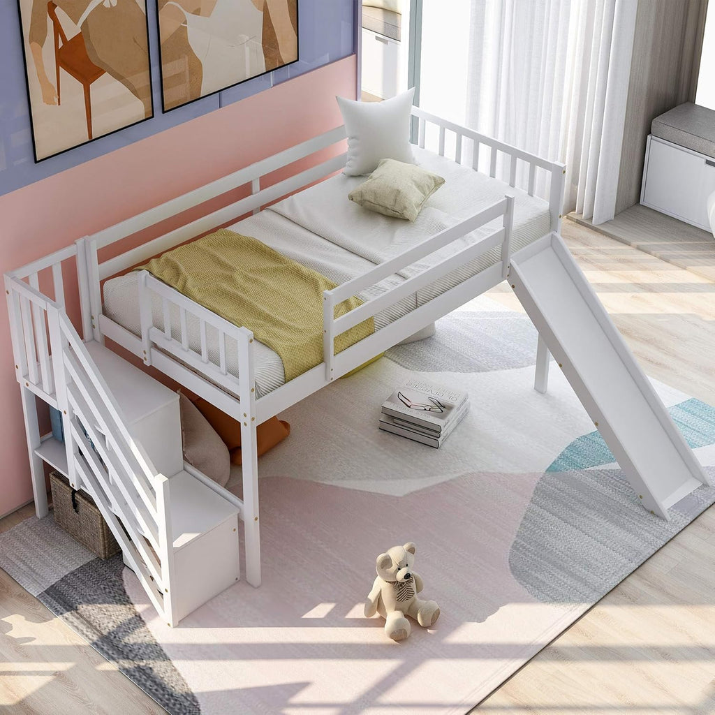 Grey Wood Twin Loft Bed Frame with Stairs and Storage Shelves F26394