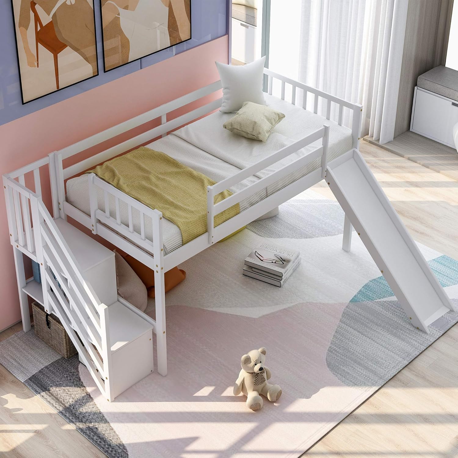 Grey Wood Twin Loft Bed Frame with Stairs and Storage Shelves F26394
