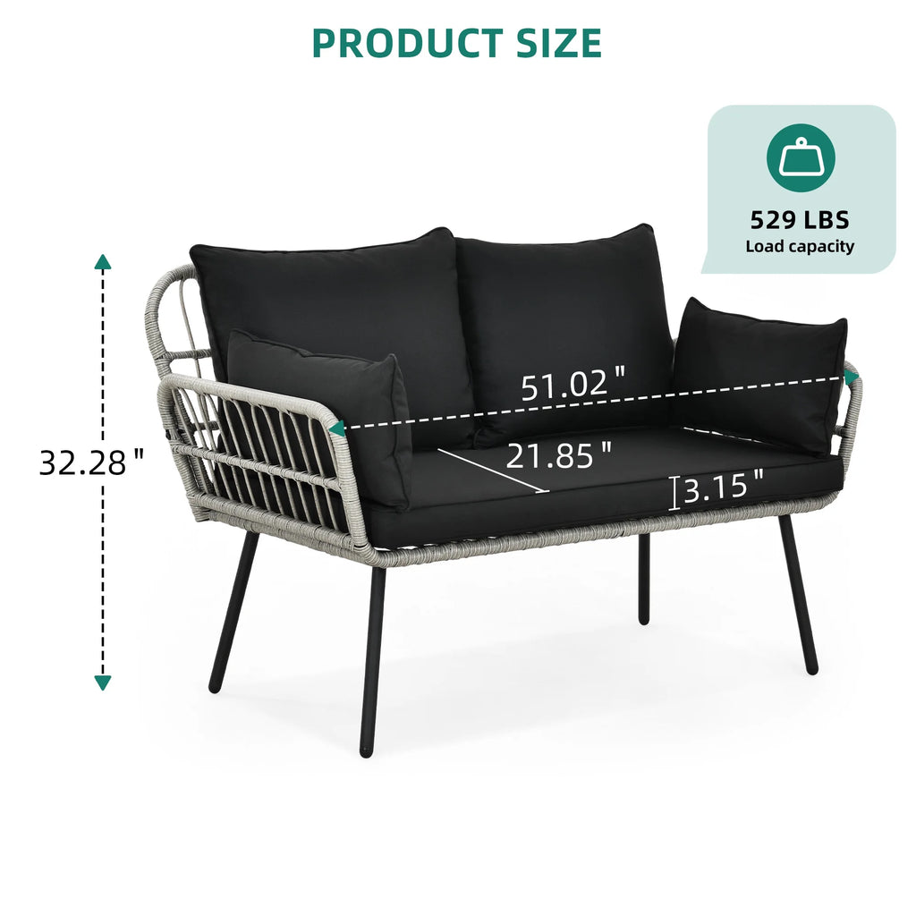 All-Weather Wicker Rattan 2 Seater Loveseat Sofa with Black Cushions & Lumbar Pillows V77734