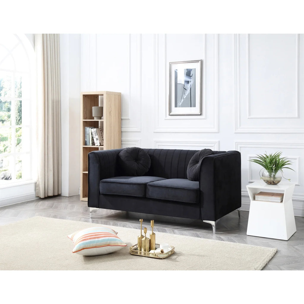 Black Tuxedo Arm Velvet Loveseat with 2-Throw Pillow O83468