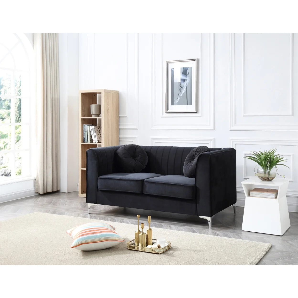 Black Tuxedo Arm Velvet Loveseat with 2-Throw Pillow O83468
