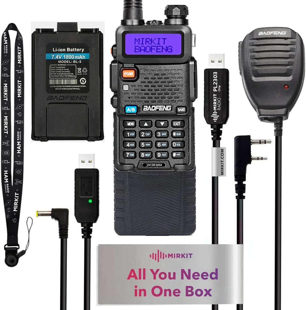 Baofeng Radio UV-5R MK4 8 Watt Max Power with 3800 mAh Handheld Mic Programming Cable and Software - Extra Pack T913