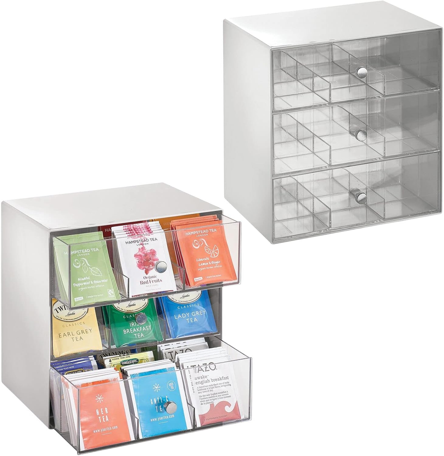 White/Clear Plastic 3 Drawer Tea Bag Caddy Box Storage Container Organizer Holder N571077