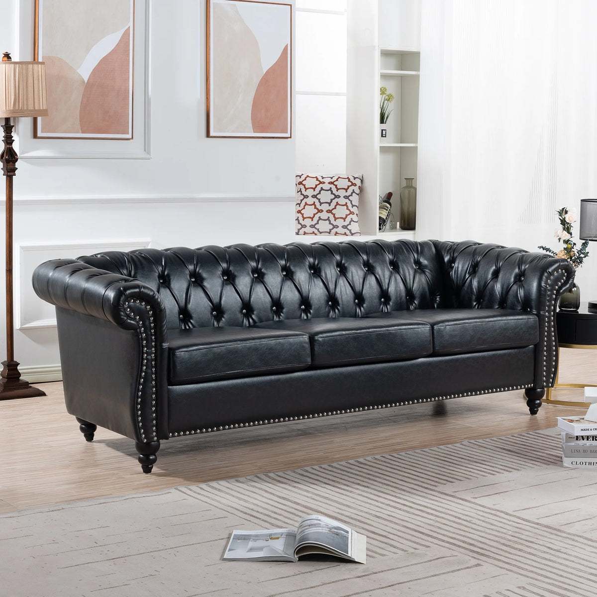 Black PU Rolled Arm Chesterfield Three Seater Sofa A26495