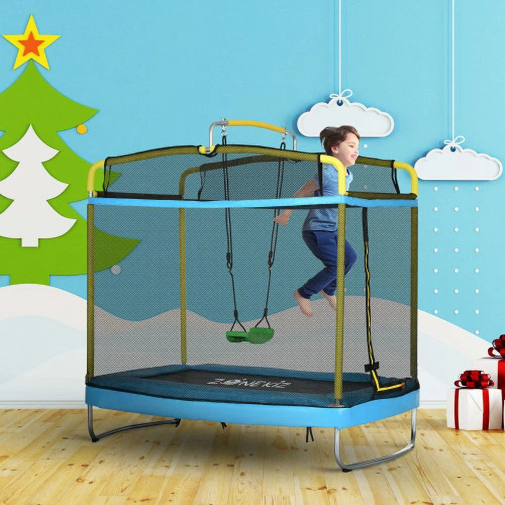3-in-1 Kids Trampoline with Enclosure, Swing, Gymnastics Bar, Light Blue U82854