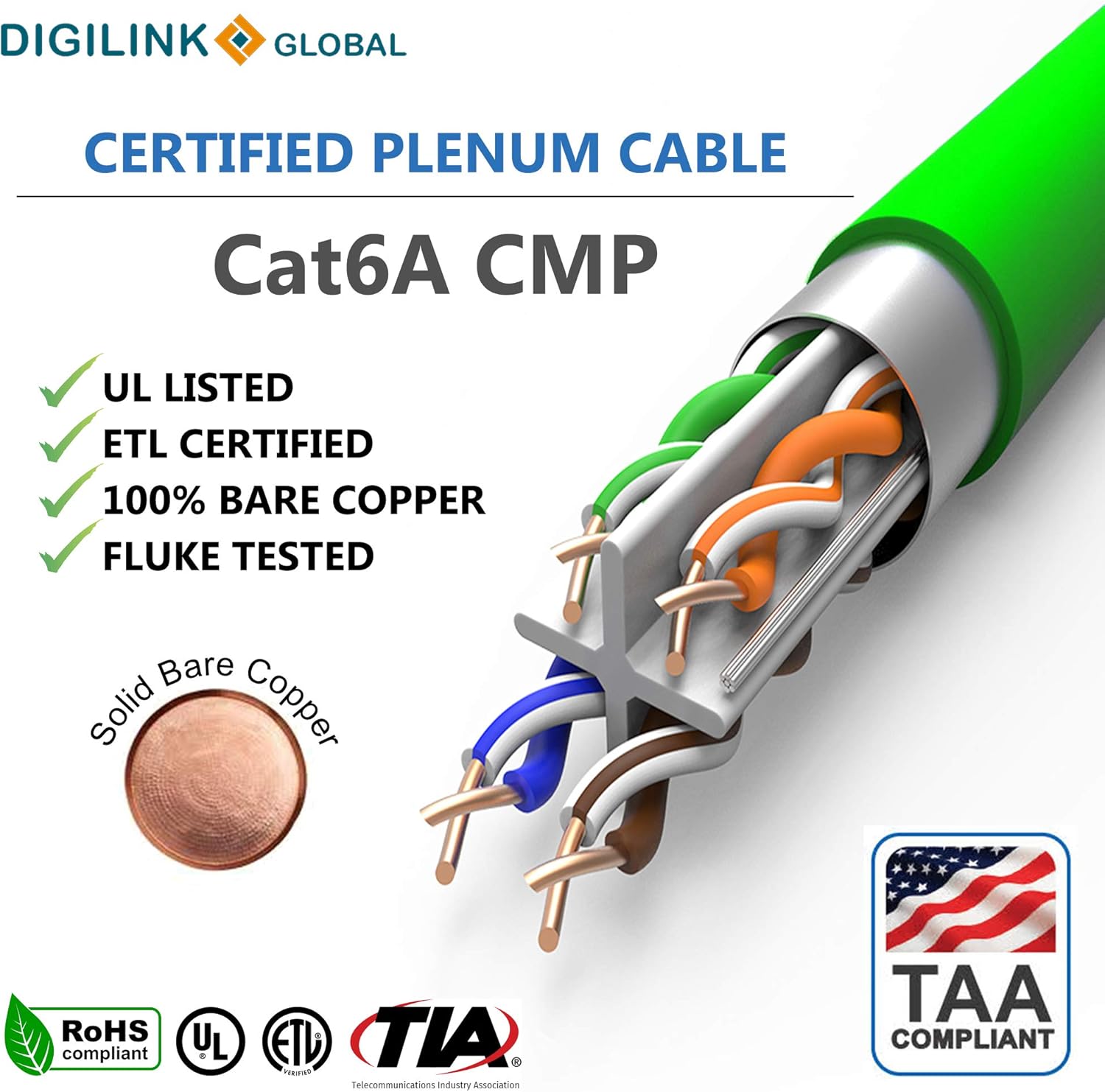 Cat6A Shielded Plenum Solid Bare Copper Bulk Cable 1000ft White X6214