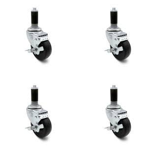 3 x 1.25 inch Hard Rubber Wheel Swivel Casters with Expanding Stem and Brake, Set of 4 P6917