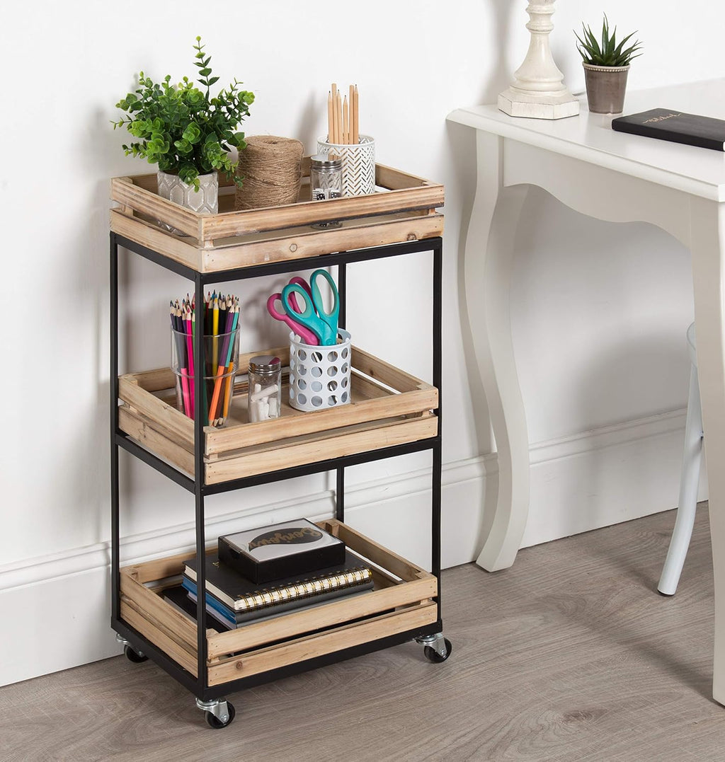 Natural Wood 3 Tiered Rolling Storage Cart with Black Metal Frame T68417