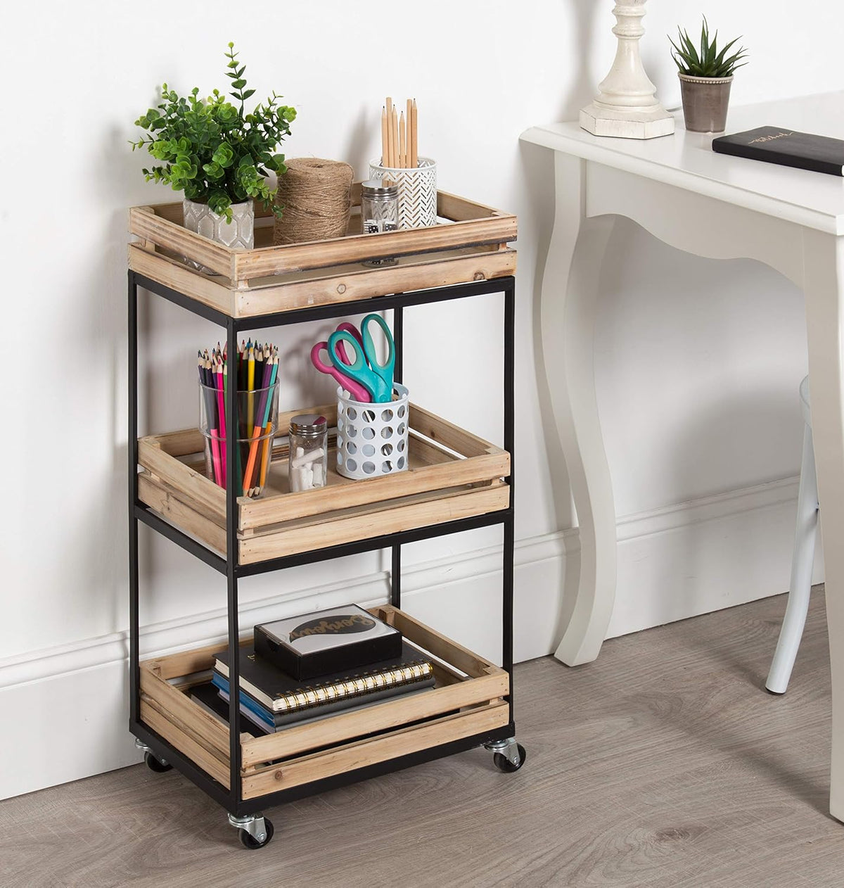 Natural Wood 3 Tiered Rolling Storage Cart with Black Metal Frame T68417