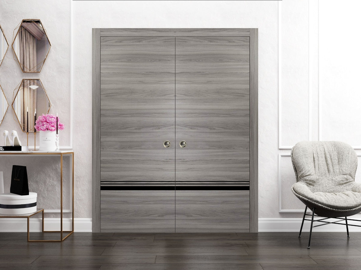 Sliding French Double Pocket Doors 72 x 84 inches Grey Matte with Frosted Glass Solid Wood Interior Doors S26004