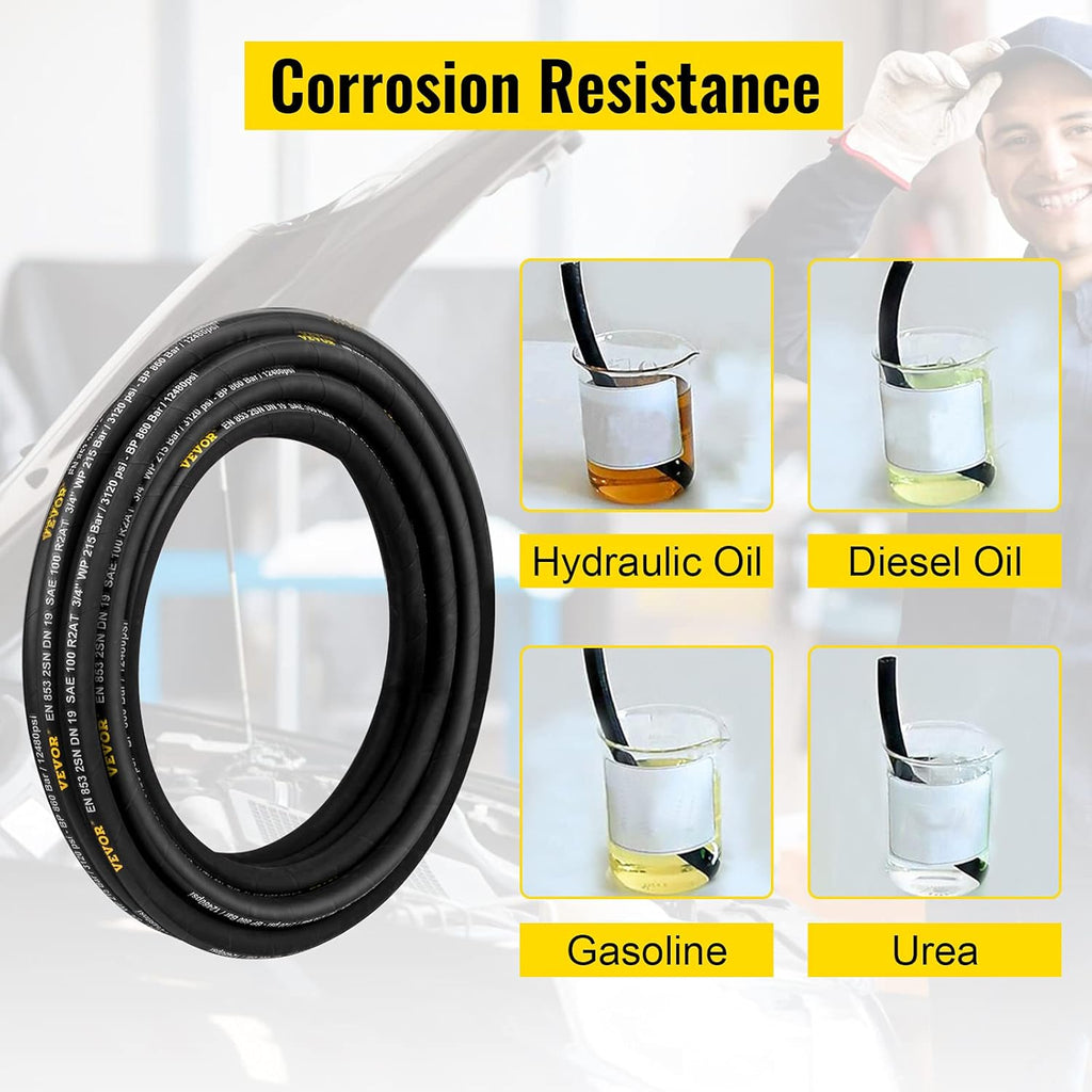 Hydraulic Hose 3/8 inch x 100 ft, 4800 PSI, Rubber, with 2 High-Tensile Steel Wire Braid H7200