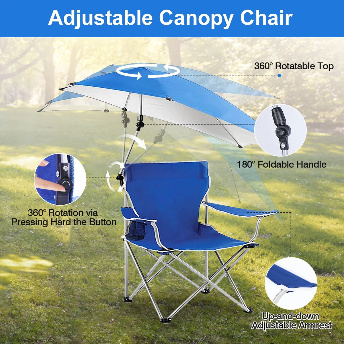 Blue Foldable Beach Chair with Detachable Umbrella Cup Holder Carry Bag N444386