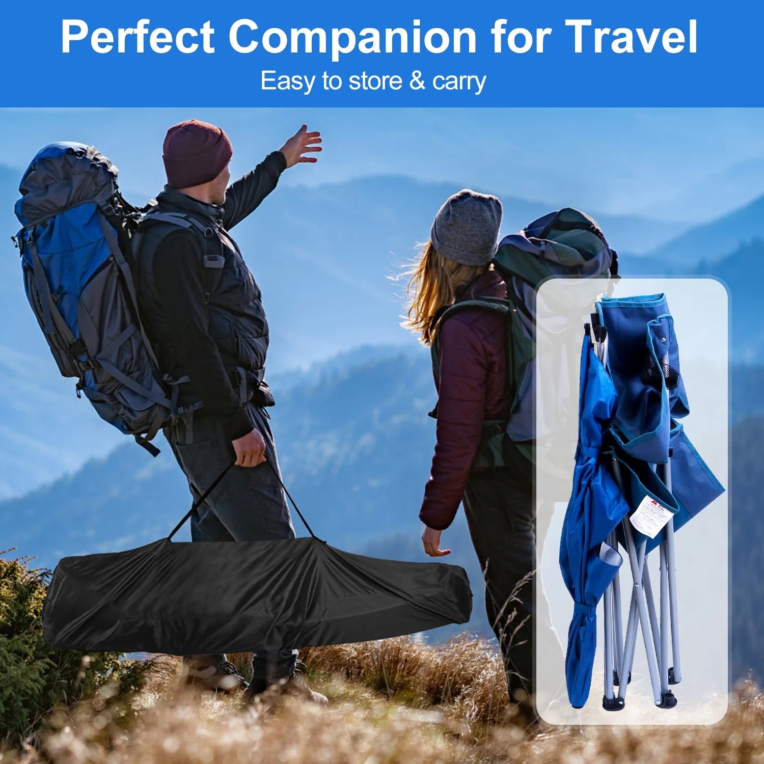Blue Foldable Beach Chair with Detachable Umbrella Cup Holder Carry Bag N444386