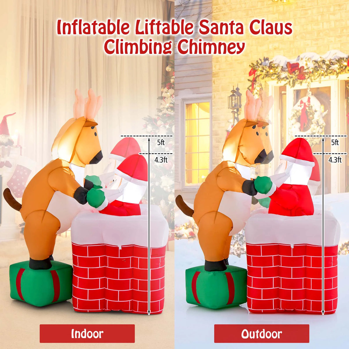 5 FT Christmas Inflatable Santa Claus Climbing Chimney Reindeer C67714