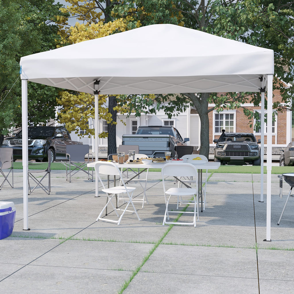 10'x10' White Pop Up Canopy Tent with 6-Foot Bi-Fold Table and Set of 4 White Folding Chairs R9443