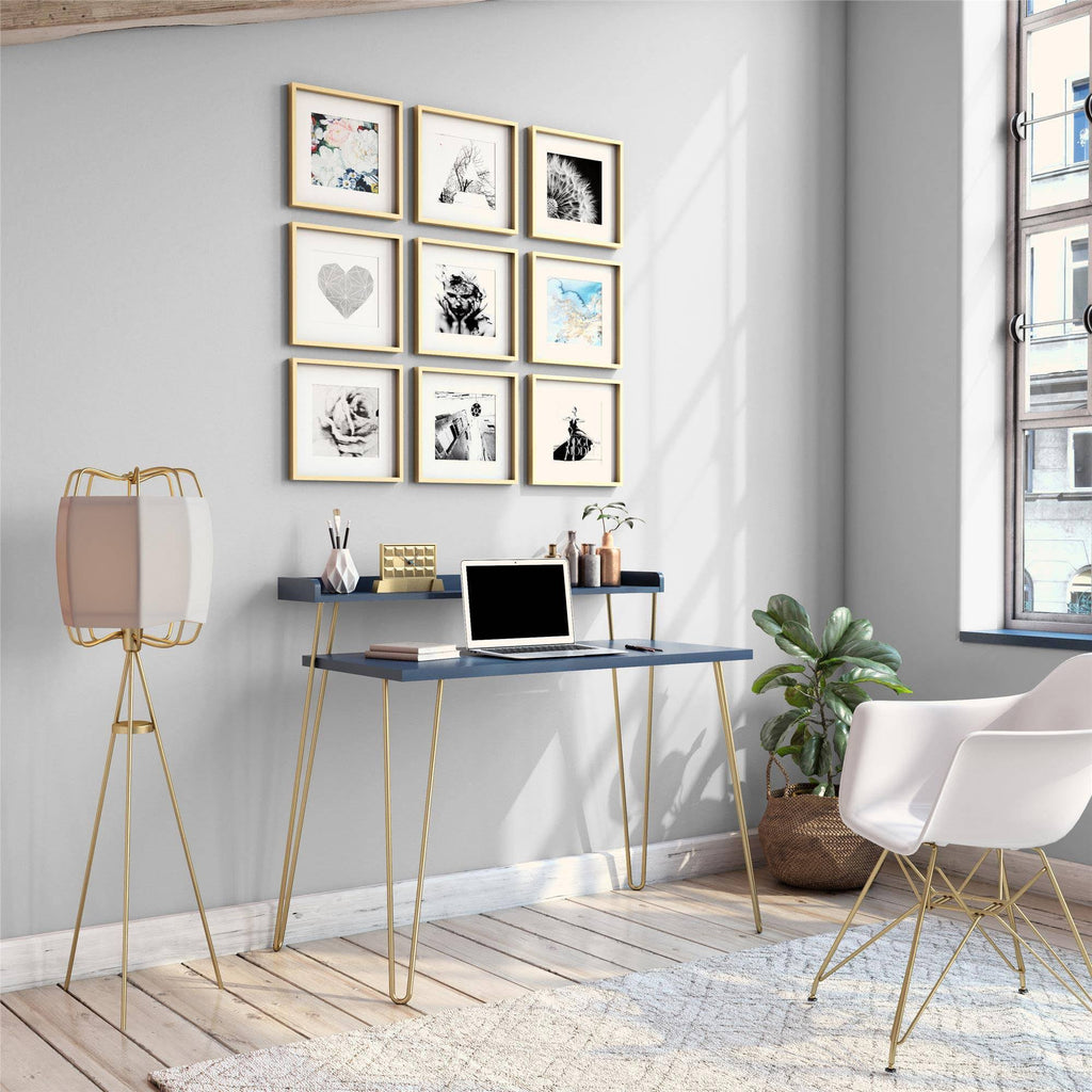 Navy Retro Desk with Riser and Gold Legs B161