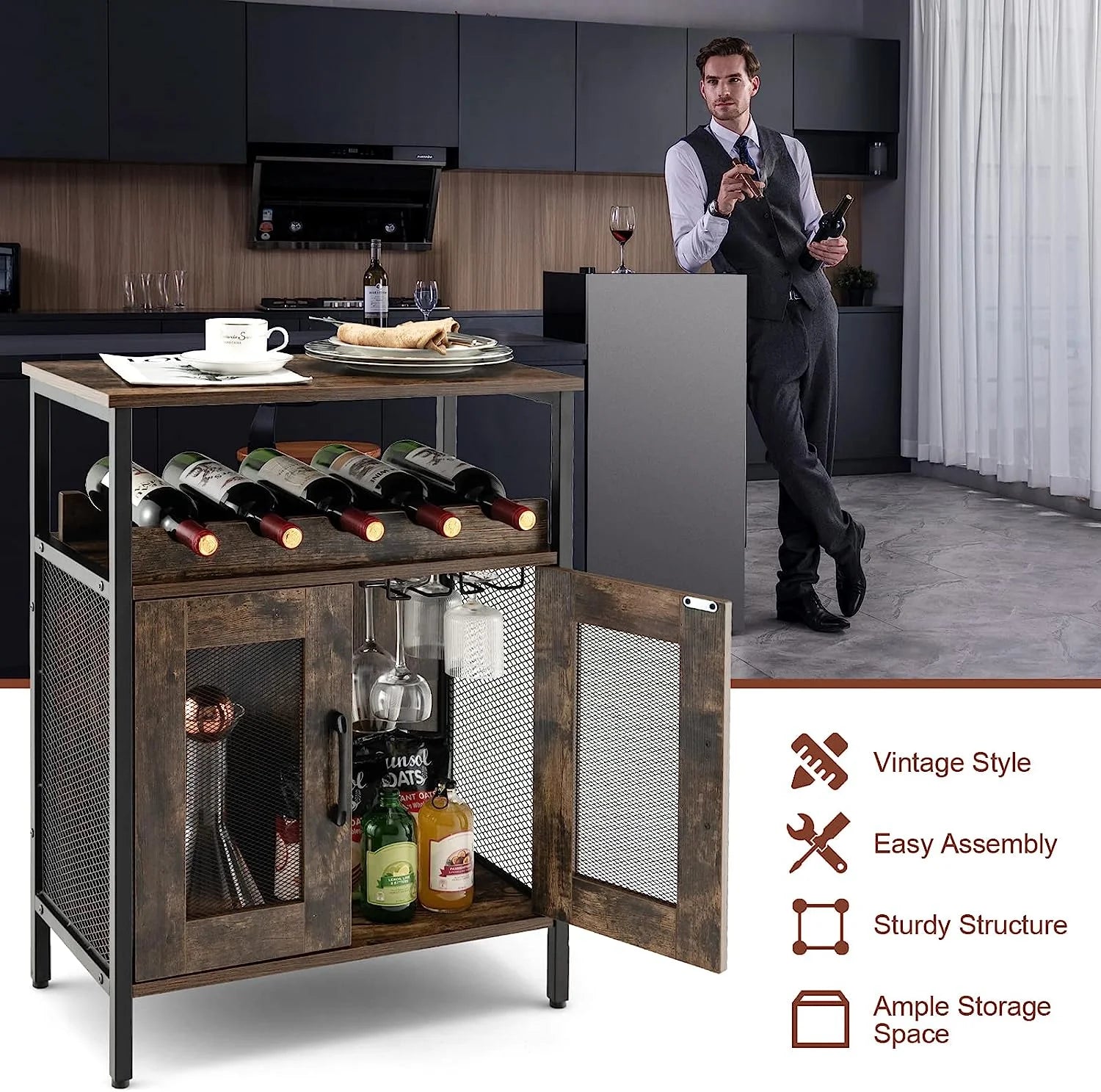 Wine Bar Cabinet with Detachable Wine Rack and Glass Holder S928083