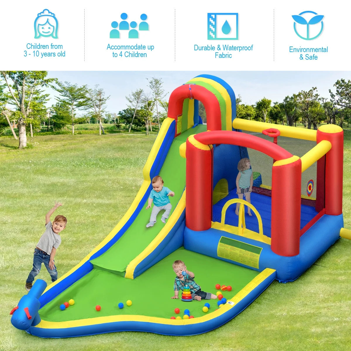 Inflatable Kid Bounce House Slide Climbing Splash Pool Castle with 750W Blower I6414