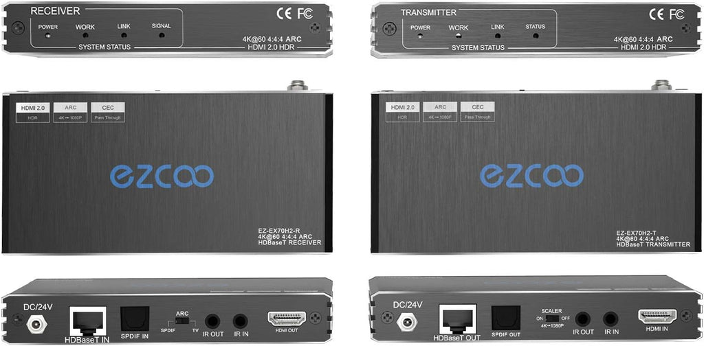HDBaseT HDMI ARC Extender 4K 60Hz HDR10 18Gbps by Cat5e Cat6 SPDIF Toslink Bi-Directional PoE+IR+CEC 230ft 1080P 130ft 4K HDMI2.0 HDCP2.2 DTS:X 4K Down-Scale Slim Case F147128