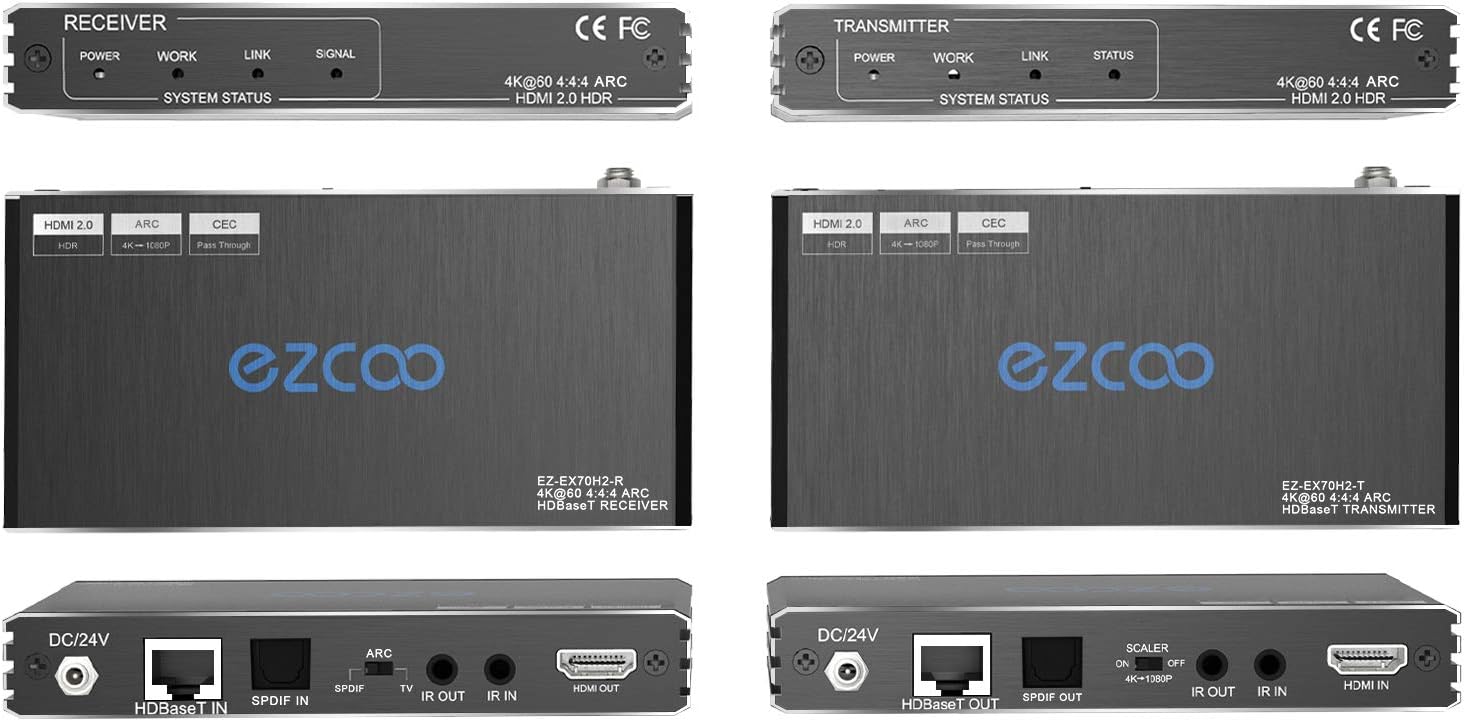 HDBaseT HDMI ARC Extender 4K 60Hz HDR10 18Gbps by Cat5e Cat6 SPDIF Toslink Bi-Directional PoE+IR+CEC 230ft 1080P 130ft 4K HDMI2.0 HDCP2.2 DTS:X 4K Down-Scale Slim Case F147128