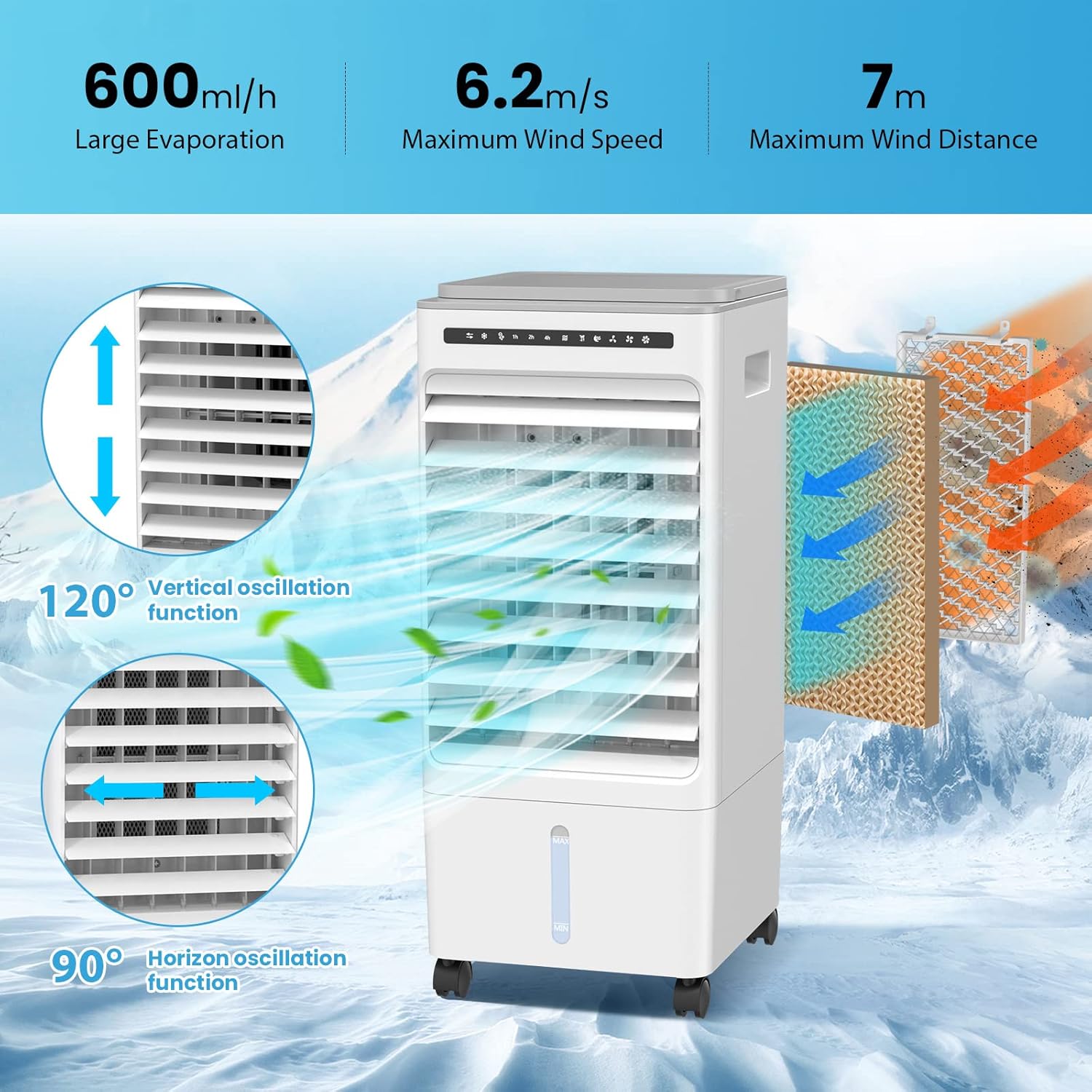 Portable Air Conditioner Fan, 5L Evaporative Air Cooler with LED Display, 3 Speeds & 3 Modes, 90° Oscillation, 7H Timer Remote Control Q487
