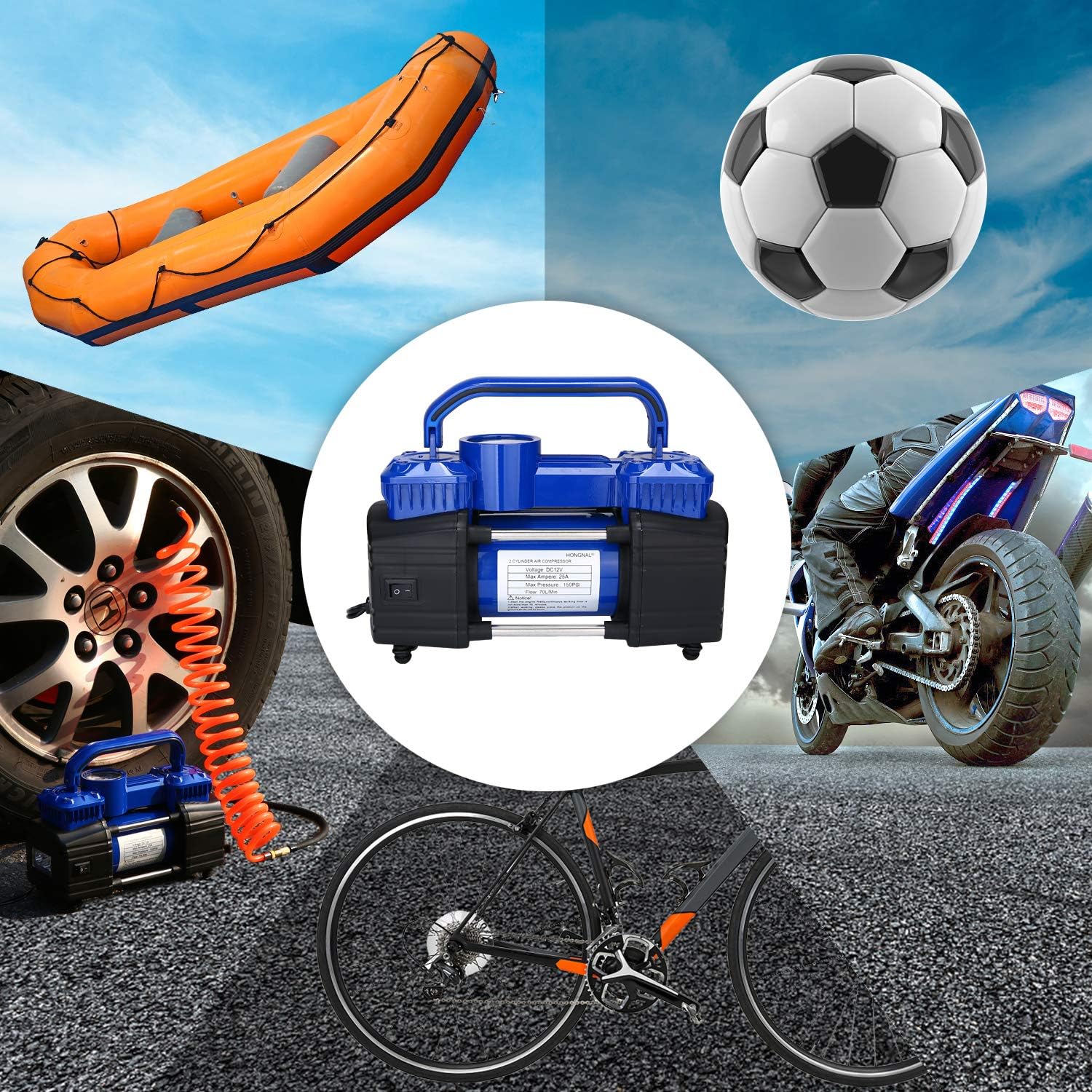Portable Air Compressor Tire Inflator, 150PSI Car Air Pump DC 12V with 4 Nozzle Attachments, LED Light, Air Hose, Battery Clamp T5705