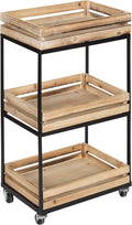 Natural Wood 3 Tiered Rolling Storage Cart with Black Metal Frame T68417