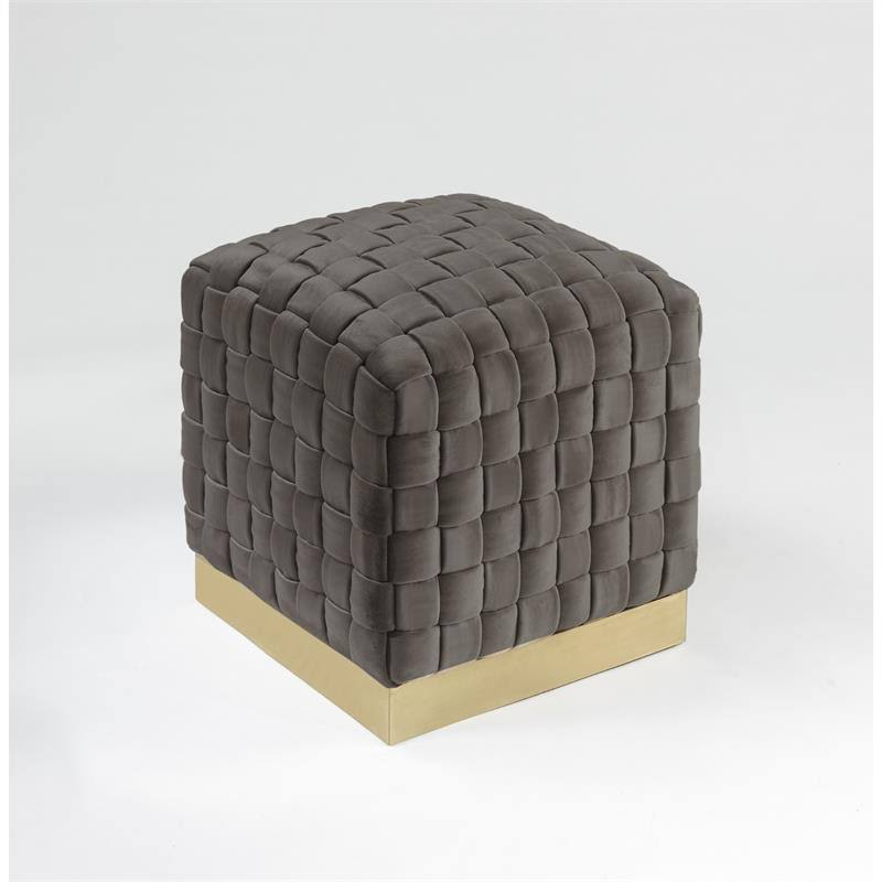 Taupe/Gold Velvet Cube Ottoman with Metal Base E676