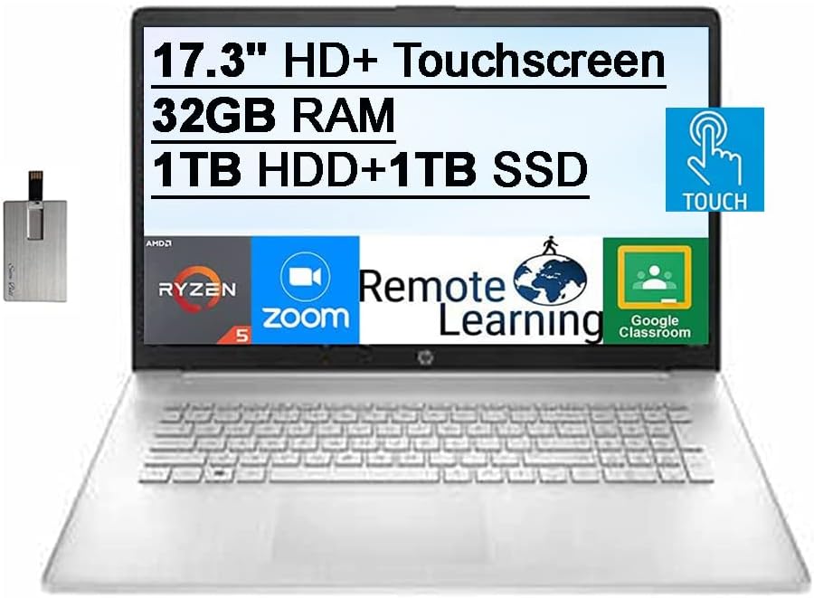 HP 17.3" HD+ Touchscreen Laptop, AMD Ryzen 5-5500U, 32GB RAM, 1TB HDD+1TB SSD, Silver L55247
