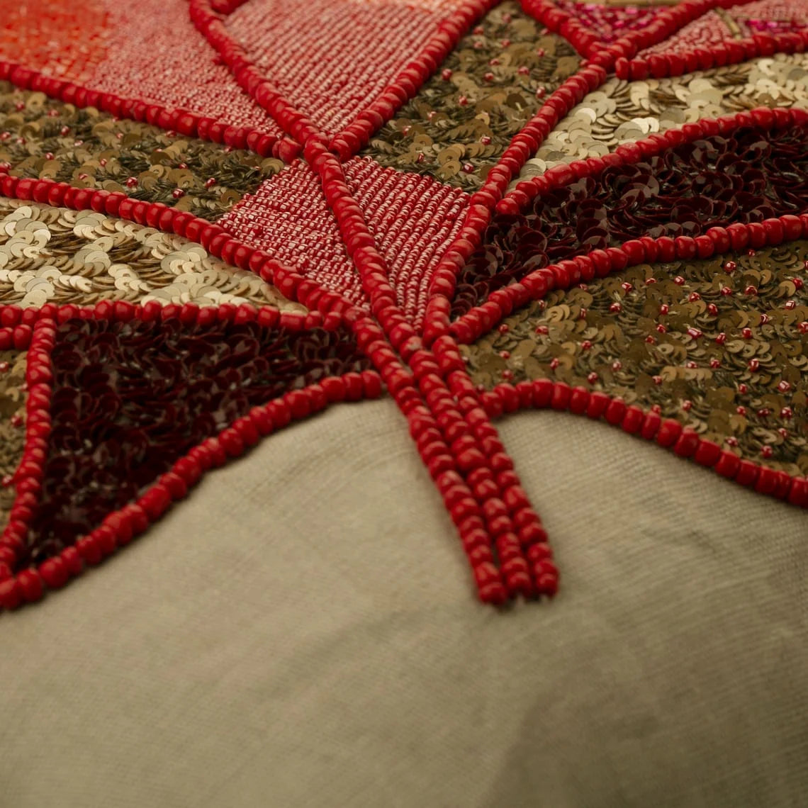 Red & Beige 16"x16" Linen Beaded Maple Leaf Throw Pillow Covers I211