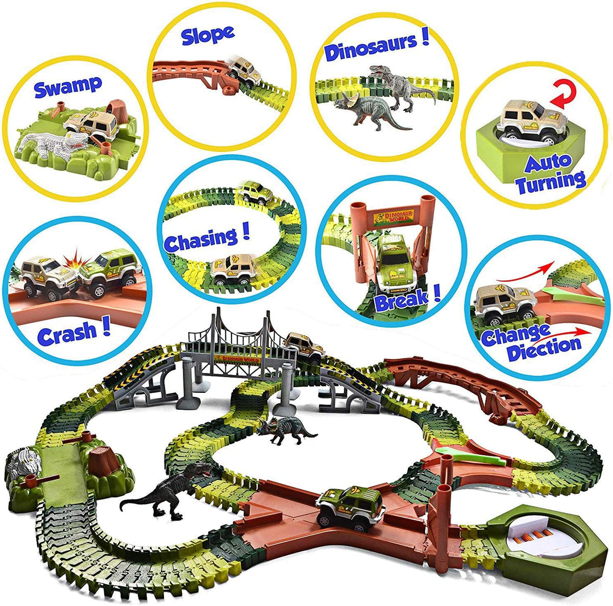 192 Pieces Flexible Train Track Race Car Vehicle Playset with 2 Battery Powered Race Cars and 2 Dinosaur Figures M96452