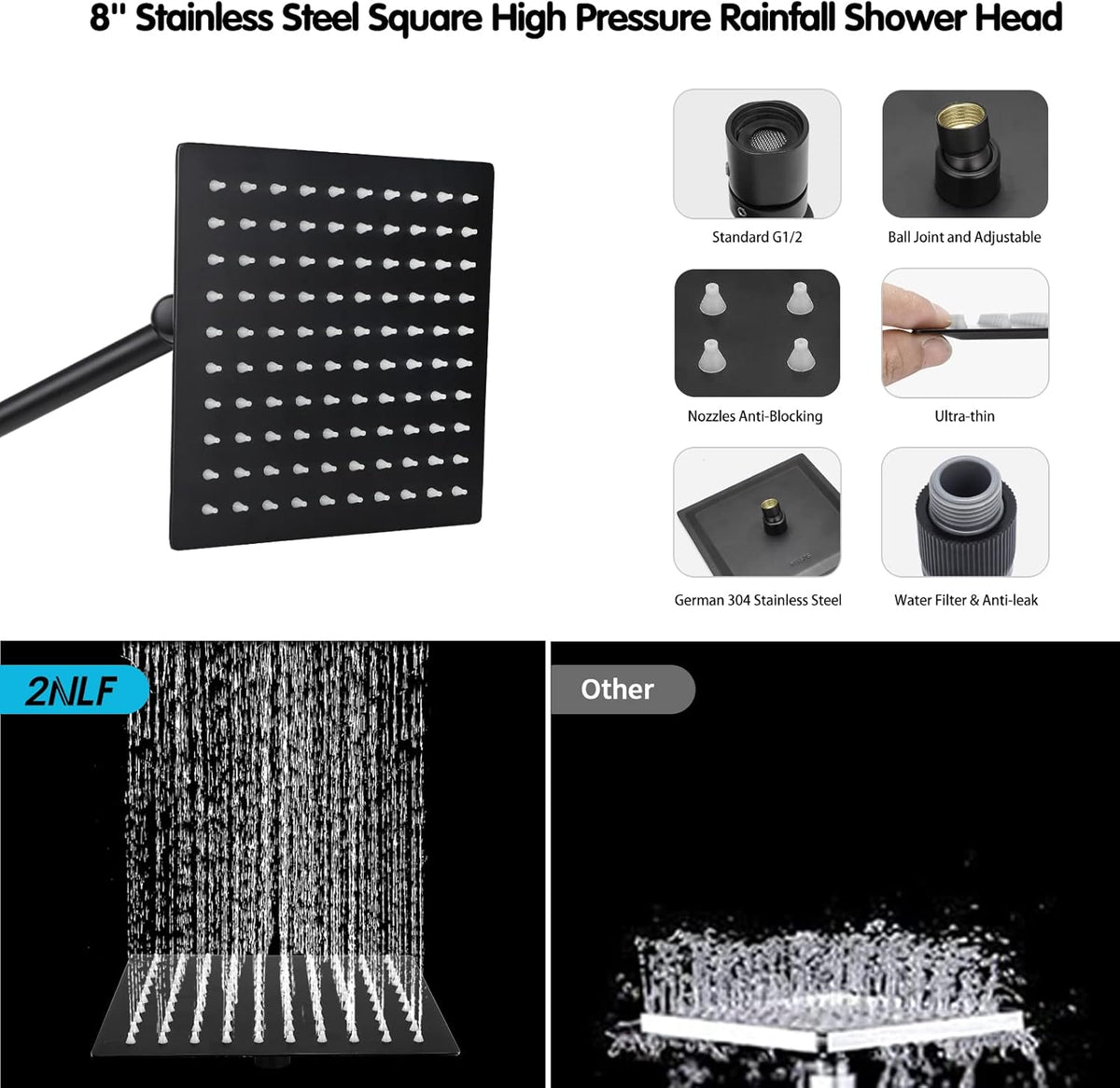 8'' Rainfall Shower Head & 9 Settings Handheld Shower Head with Holder, Hose, Chrome - Matte Black Pack of 2 Y462916