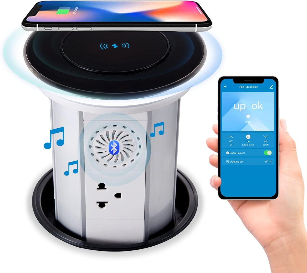 White Pop Up Power Strip with 2 USB Ports and Wireless Charger Station A6381