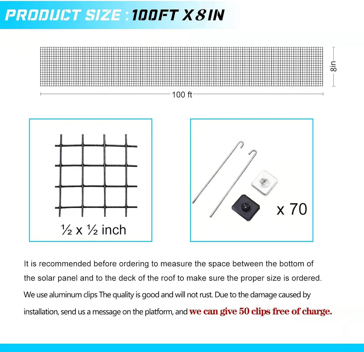 Solar Panel Bird Guard 6in X 100ft PVC Coated Galvanized Steel Wire Mesh B14107