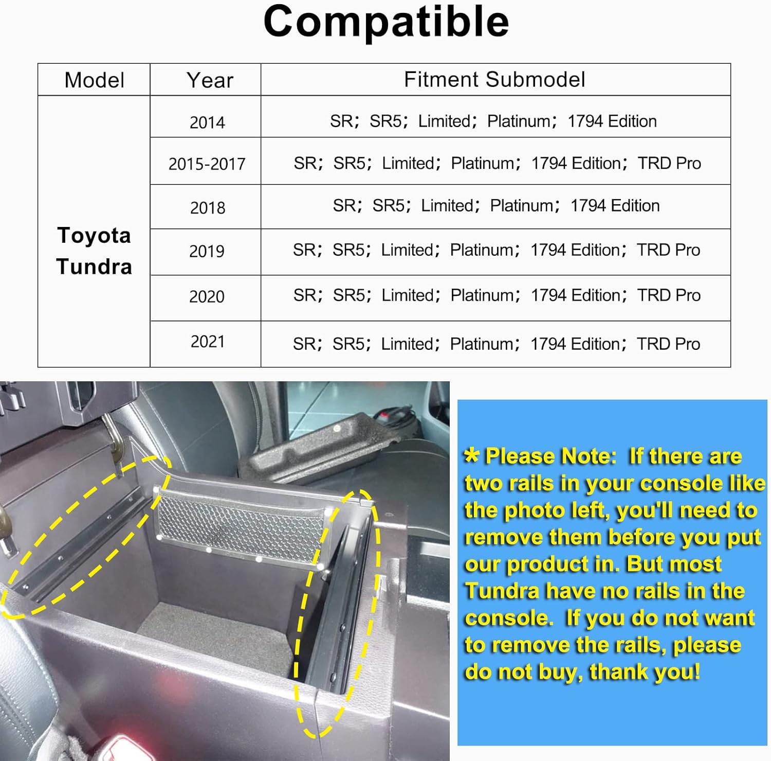 Wireless Charger Center Console Organizer Tray for Toyota Tundra 2014-2021 L5627