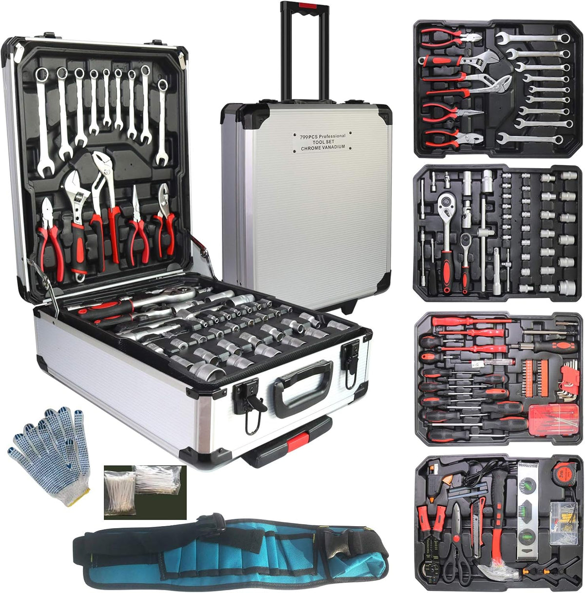 799pcs Aluminum Trolley Case Tool Set Silver N22388
