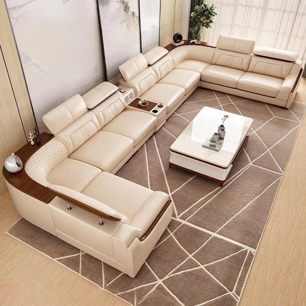 Italian Leather Couch Set with Cup Holder, USB, Adjustable Headrests & Bluetooth Speaker A3101