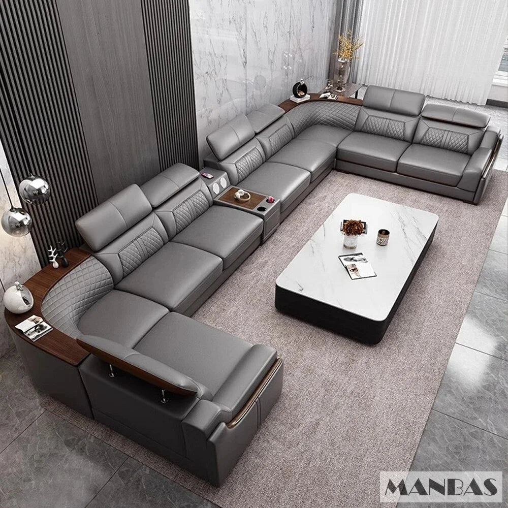 Italian Leather Couch Set with Cup Holder, USB, Adjustable Headrests & Bluetooth Speaker A3101