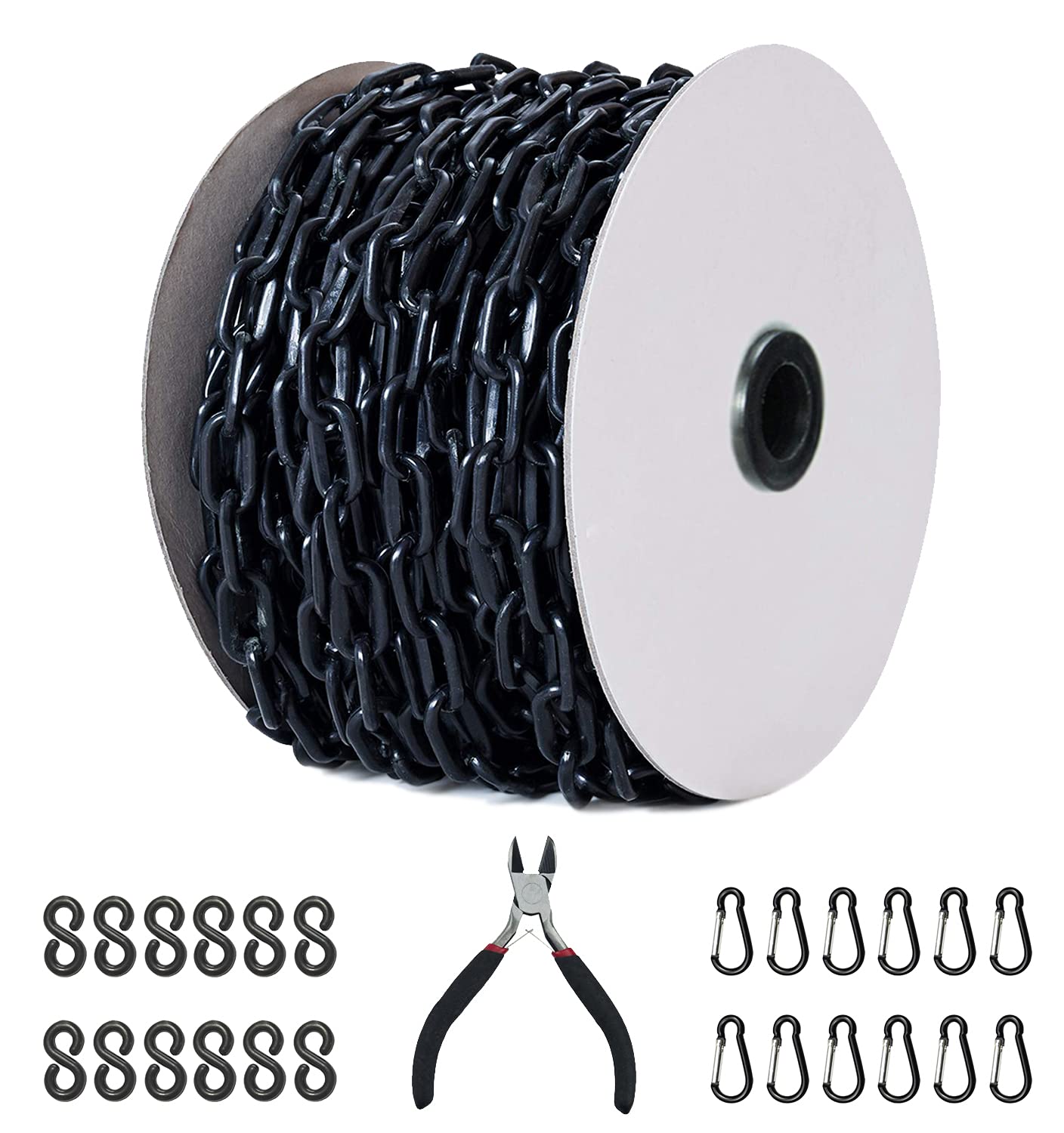 Black Plastic Safety Barrier Chain with 12 S-Hooks and 12 Carabiner Clips I126407