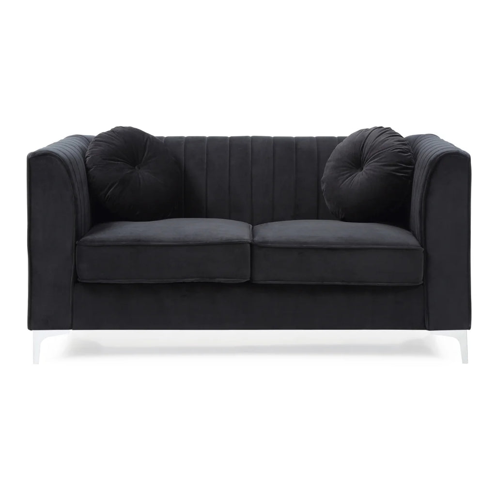 Black Tuxedo Arm Velvet Loveseat with 2-Throw Pillow O83468