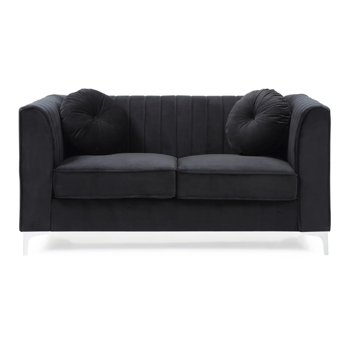Black Tuxedo Arm Velvet Loveseat with 2-Throw Pillow O83468