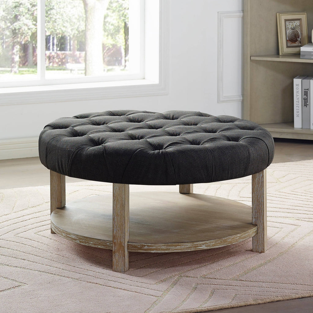 Dark Grey Round Button Tufted Ottoman Q32287